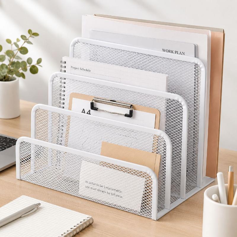 Laptop Ergonomic Accessories - Platzsparender 3-lagiger schwarzer Metallnetz-Schreibtisch-Organizer, Papierablage, Notizbuchständer
